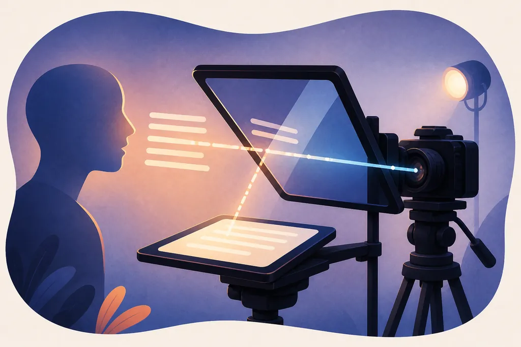 Script light reflecting from a tablet through teleprompter glass toward a speaker