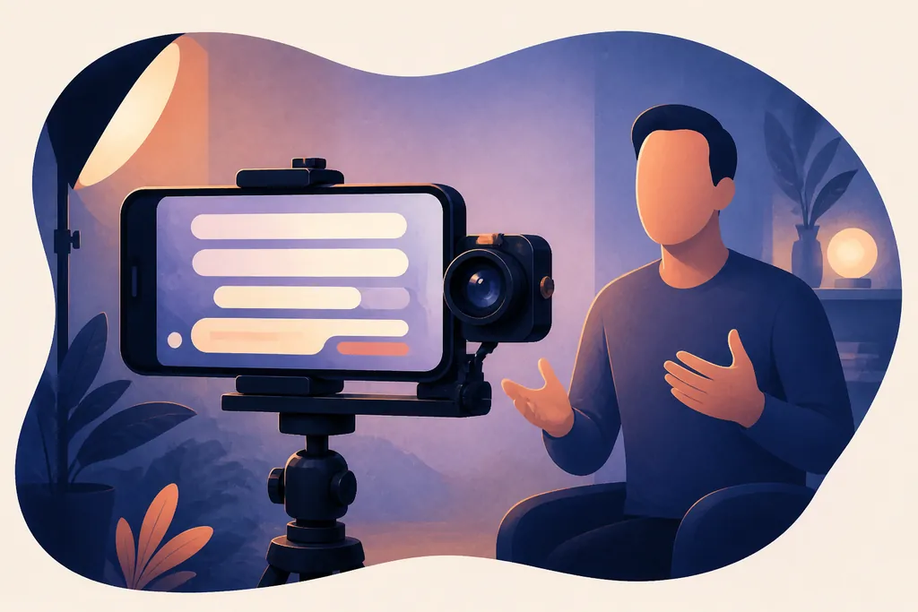 A phone teleprompter mounted beside a camera for natural eye contact